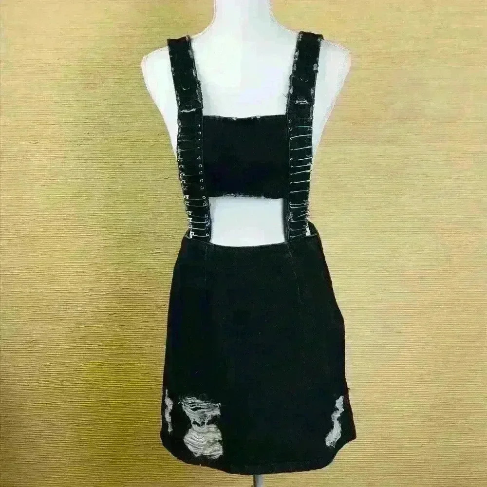 Carmar Denim Overall Skirt with Safety Pins.
